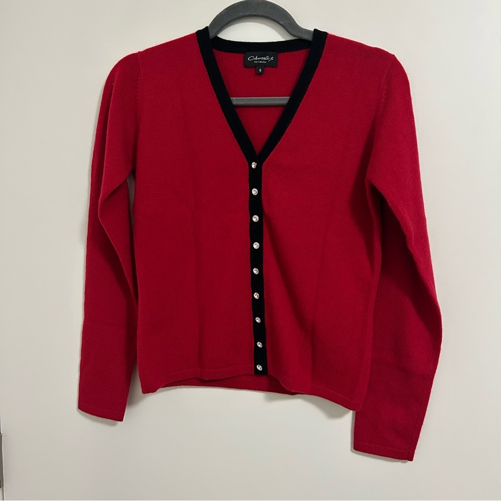 Chantex 100% Cashmere Red Holiday Cardigan S Black Trim Rhinestone Buttons